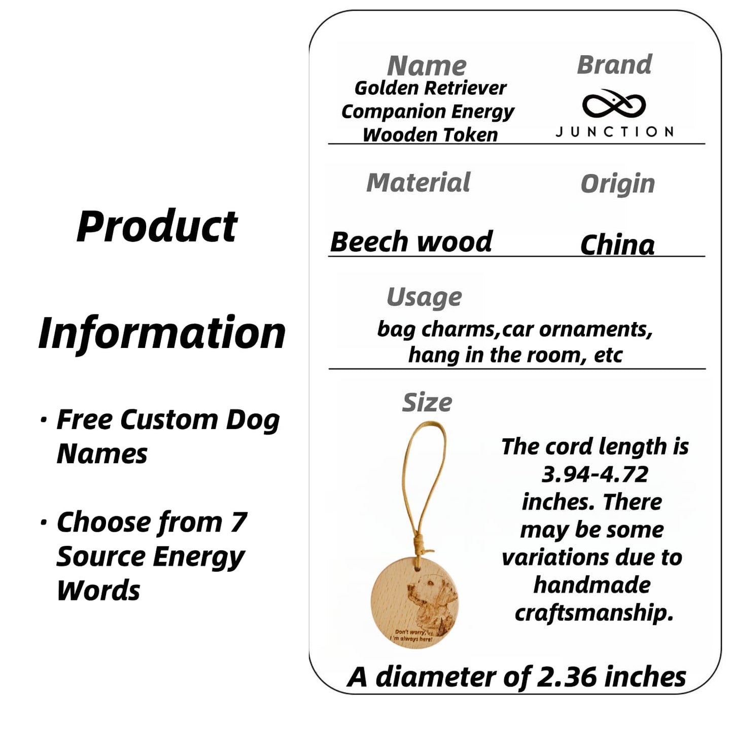 Natural wood grain detail and plastic-free packaging for the Golden Retriever lovependant.