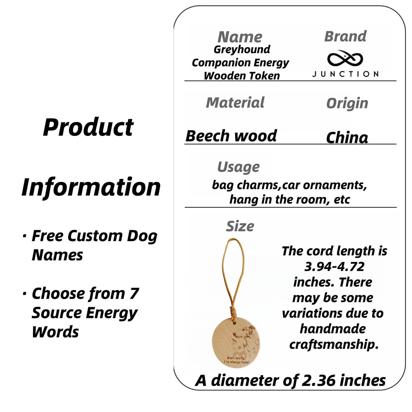 Natural wood grain detail and plastic-free packaging for the Greyhound love pendant.