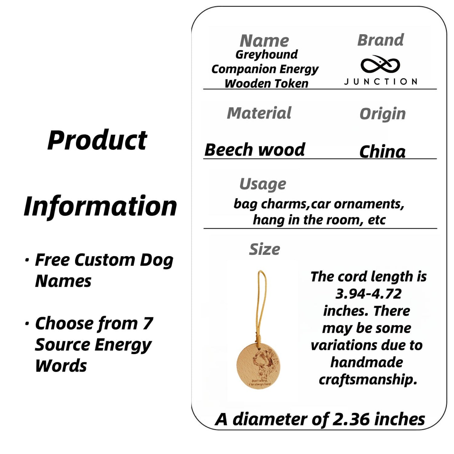 Natural wood grain detail and plastic-free packaging for the Rottweiler love pendant.