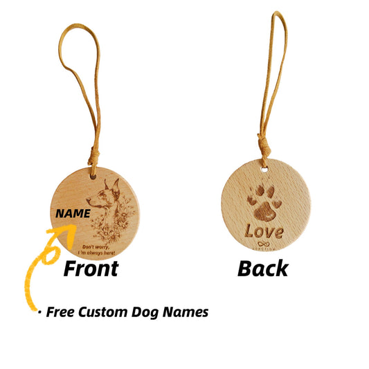 Personalized Doberman Pinscher love wood pendant with custom dog name engraving.