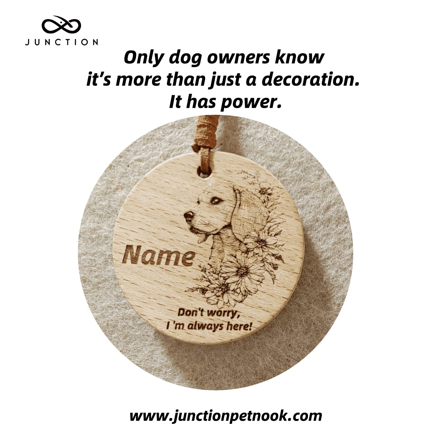 Beagle Companion Energy Wooden Pendant - a unique spiritual gift for dog owners seeking strength and hope. Features "Don't worry, I'm always here!" for emotional support.