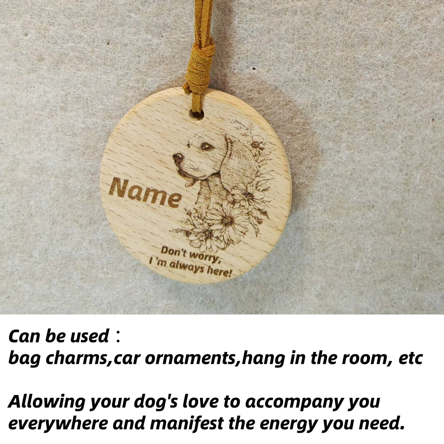 Beagle wooden pendant used as a [car hang/bag charm] in a lifestyle setting.