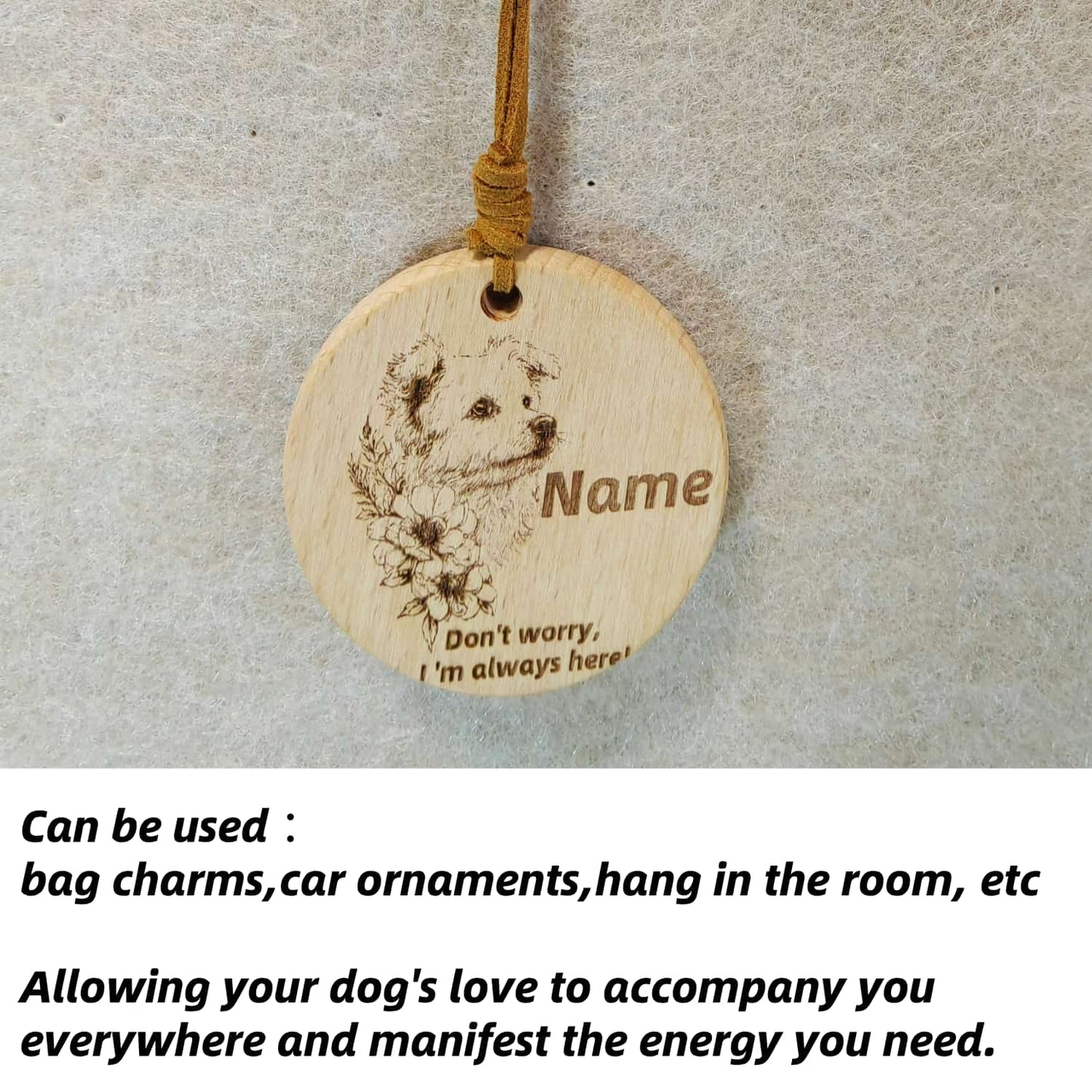 Bichon Frise wooden pendant used as a [car hang/bag charm] in a lifestyle setting.
