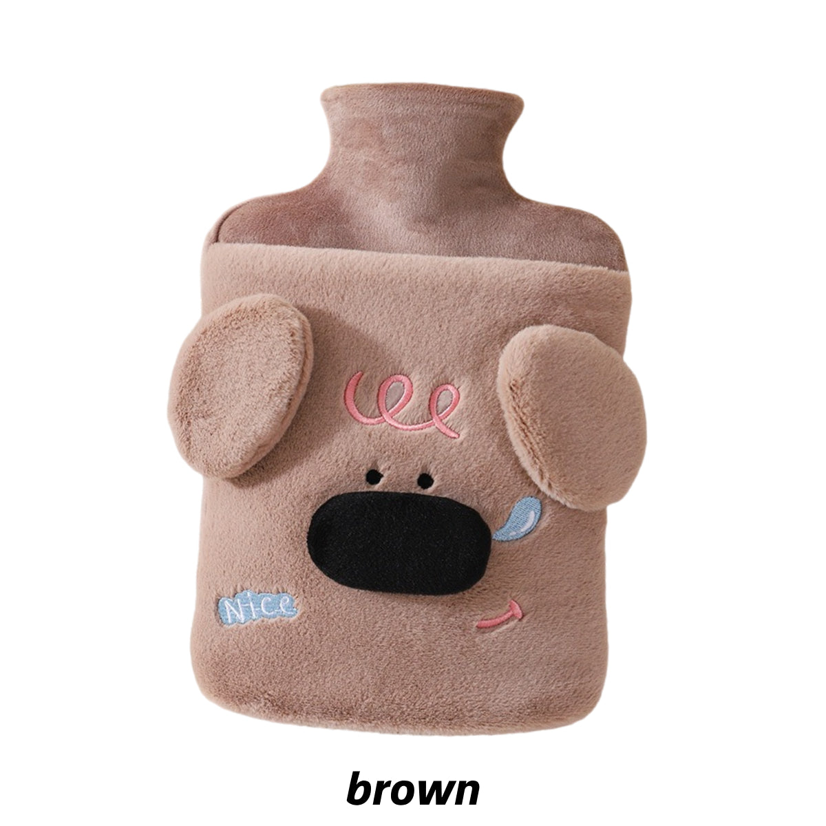 Brown hot water bottle with dog shaped cover