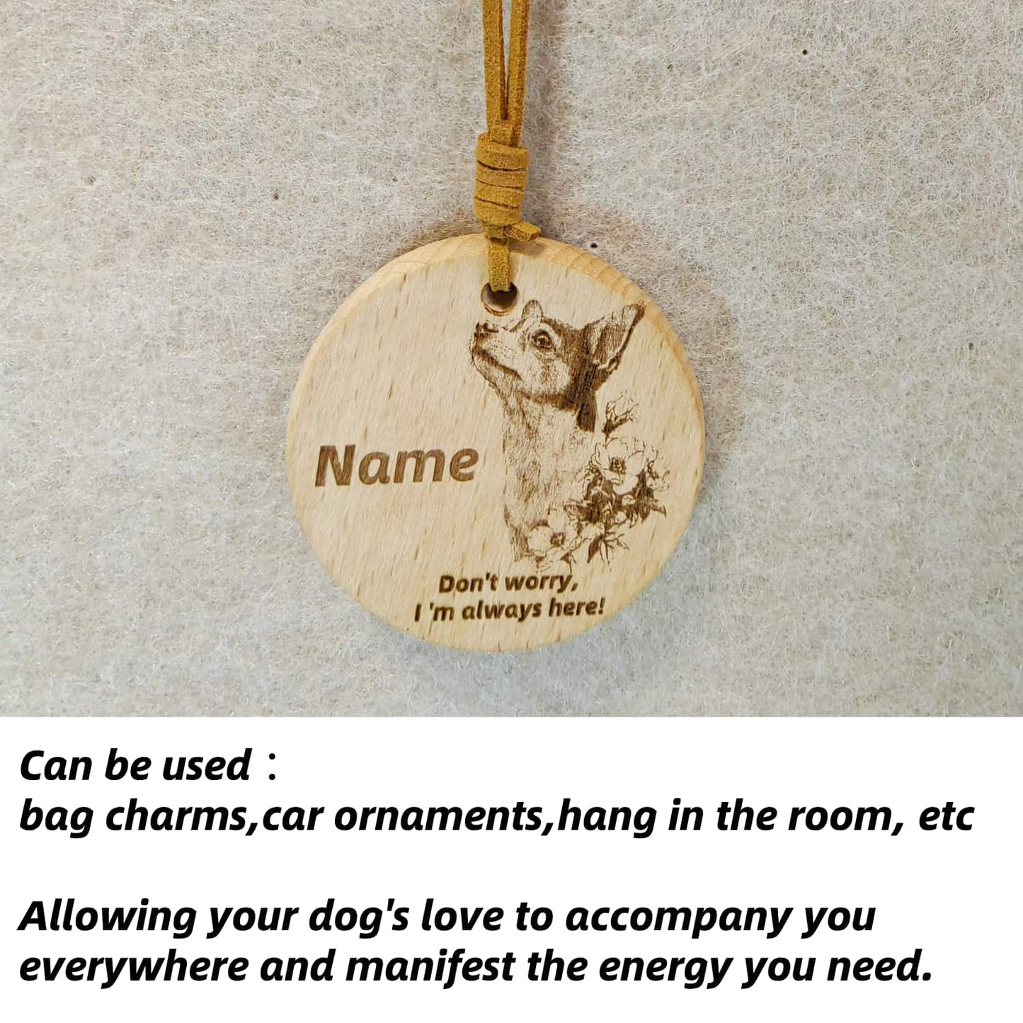 Chihuahua wooden pendant used as a [car hang/bag charm] in a lifestyle setting.