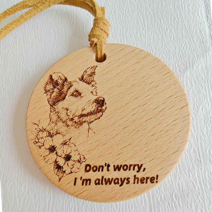  Close-up of the  Jack Russell Terrier love design on the wooden pendant with inspirational quote.