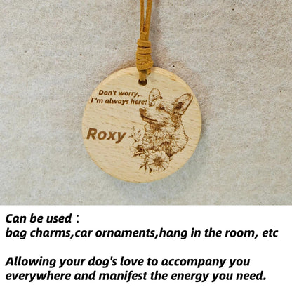 Corgi wooden pendant used as a [car hang/bag charm] in a lifestyle setting.