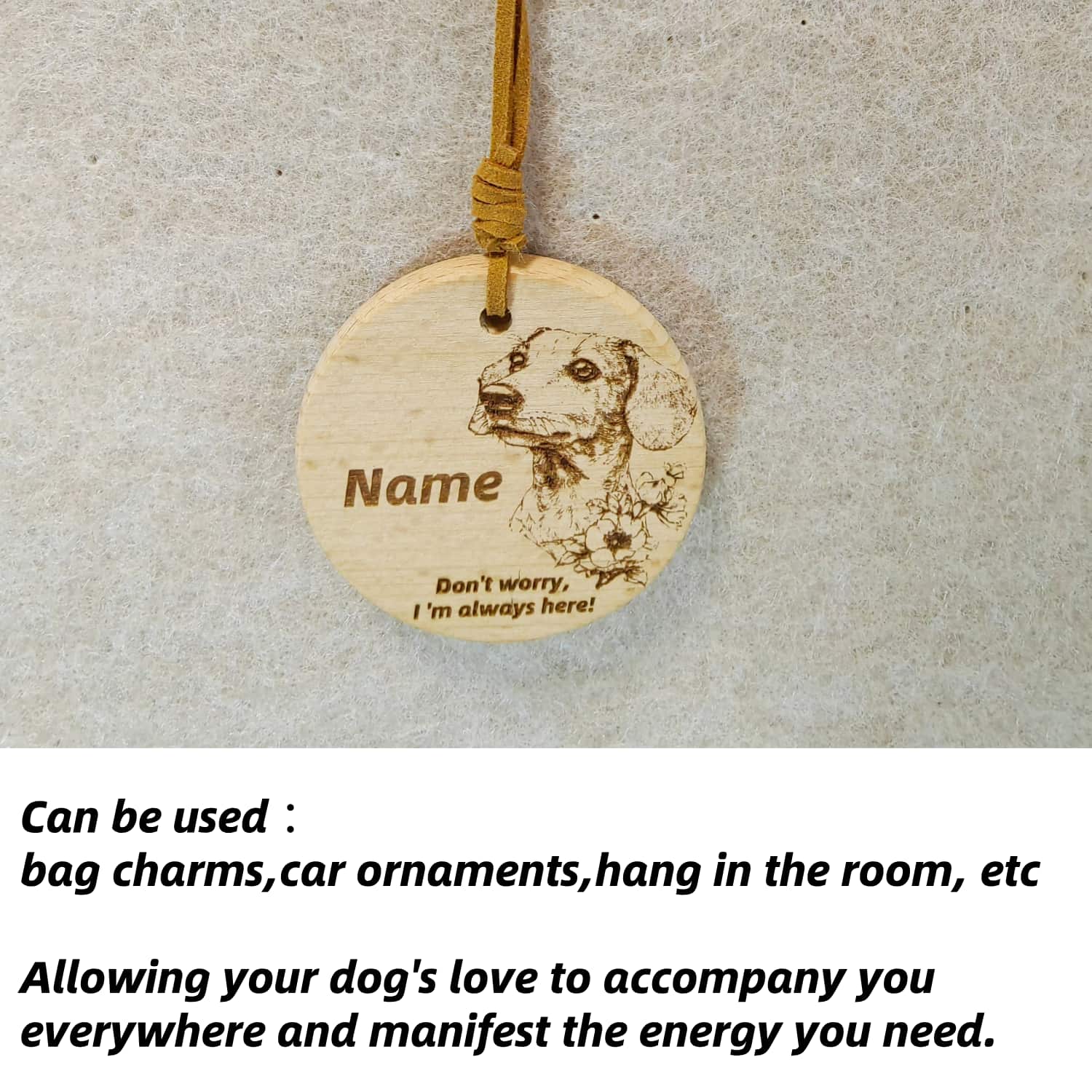 Dachshund wooden pendant used as a [car hang/bag charm] in a lifestyle setting.