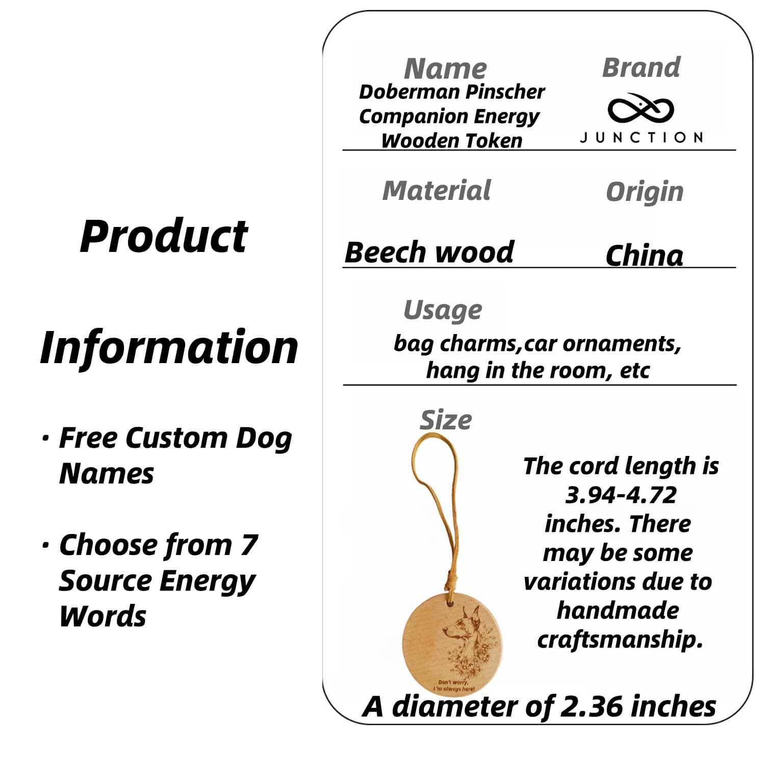 Doberman Pinscher-love-Natural wood grain detail on the token, symbolizing a unique bond with your Malamute.