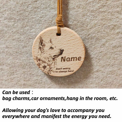German Shepherd wooden pendant used as a [car hang/bag charm] in a lifestyle setting.