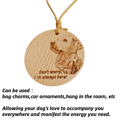 Golden Retriever love wooden pendant used as a [car hang/bag charm] in a lifestyle setting.