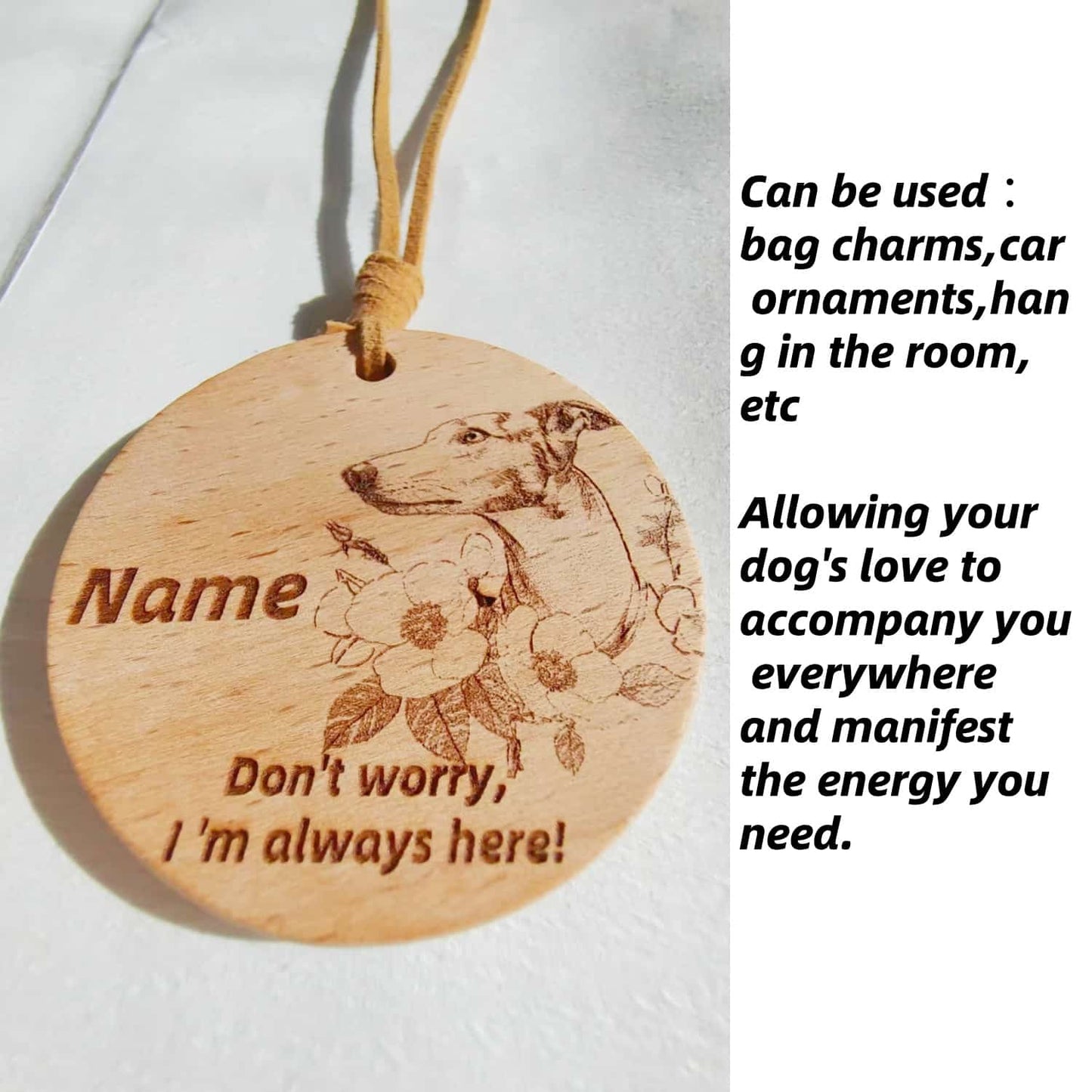 Greyhound love wooden pendant used as a [car hang/bag charm] in a lifestyle setting