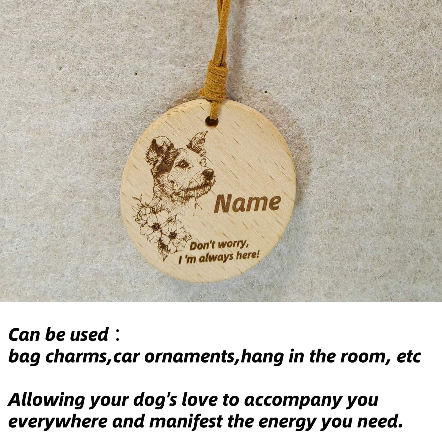  Jack Russell Terrier wooden pendant used as a [car hang/bag charm] in a lifestyle setting.