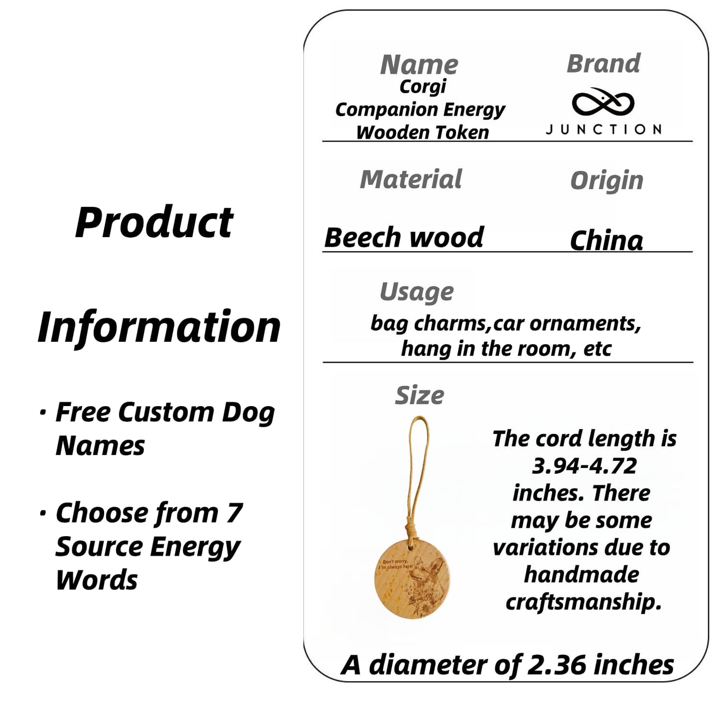 Natural wood grain detail and plastic-free packaging for the Corgi love pendant.