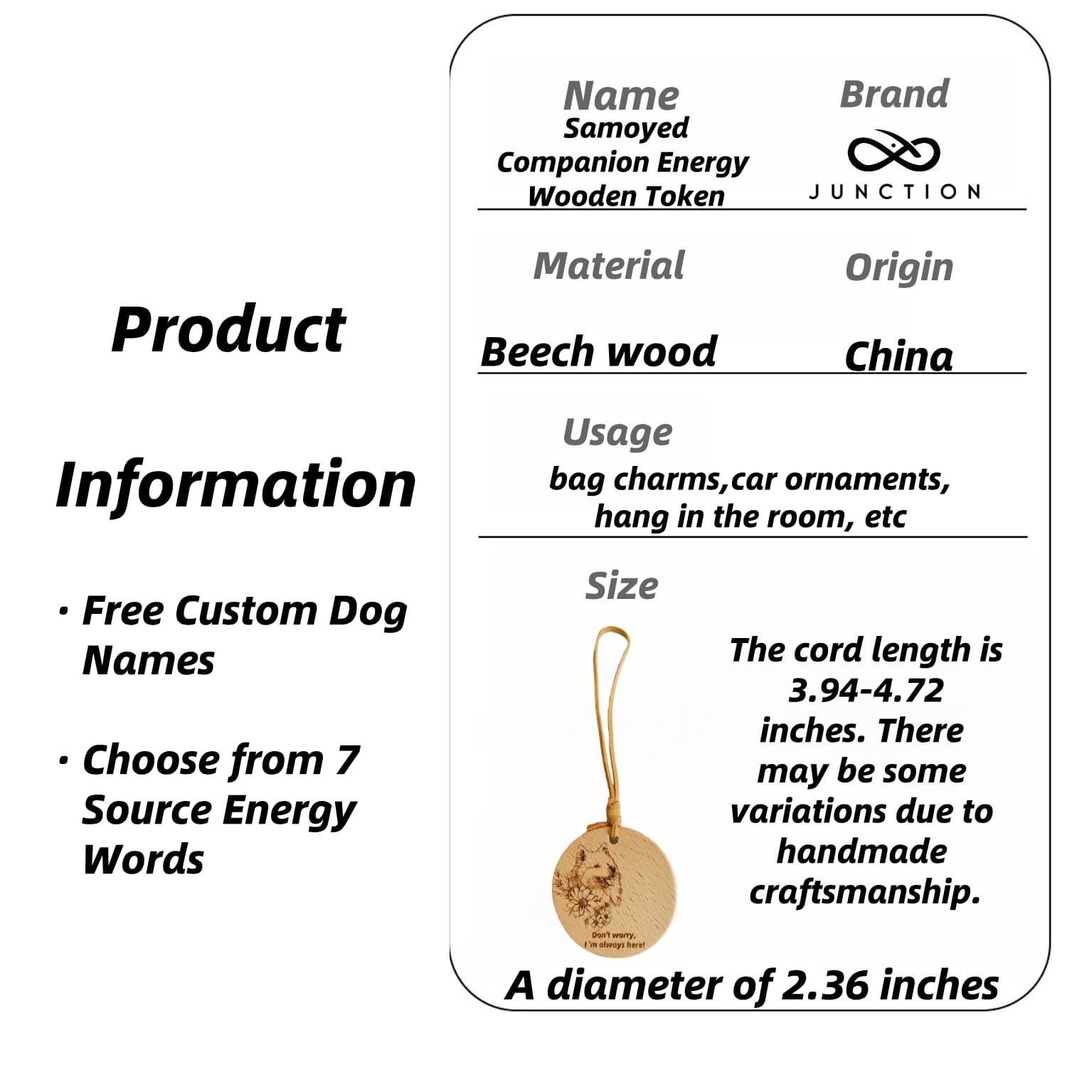  Natural wood grain detail and plastic-free packaging for the Samoyed love pendant.