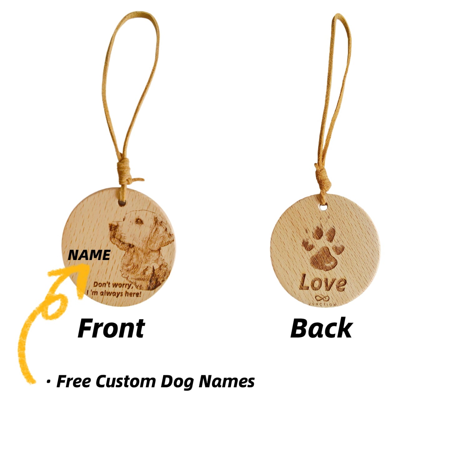 PersonalizedGolden Retriever love wood pendant with custom dog name engraving.