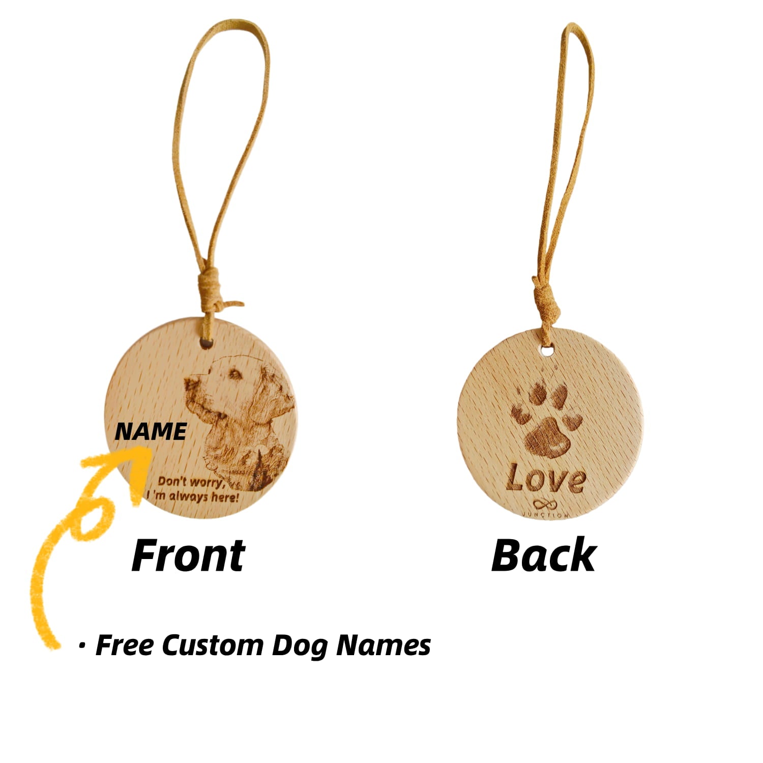 PersonalizedGolden Retriever love wood pendant with custom dog name engraving.