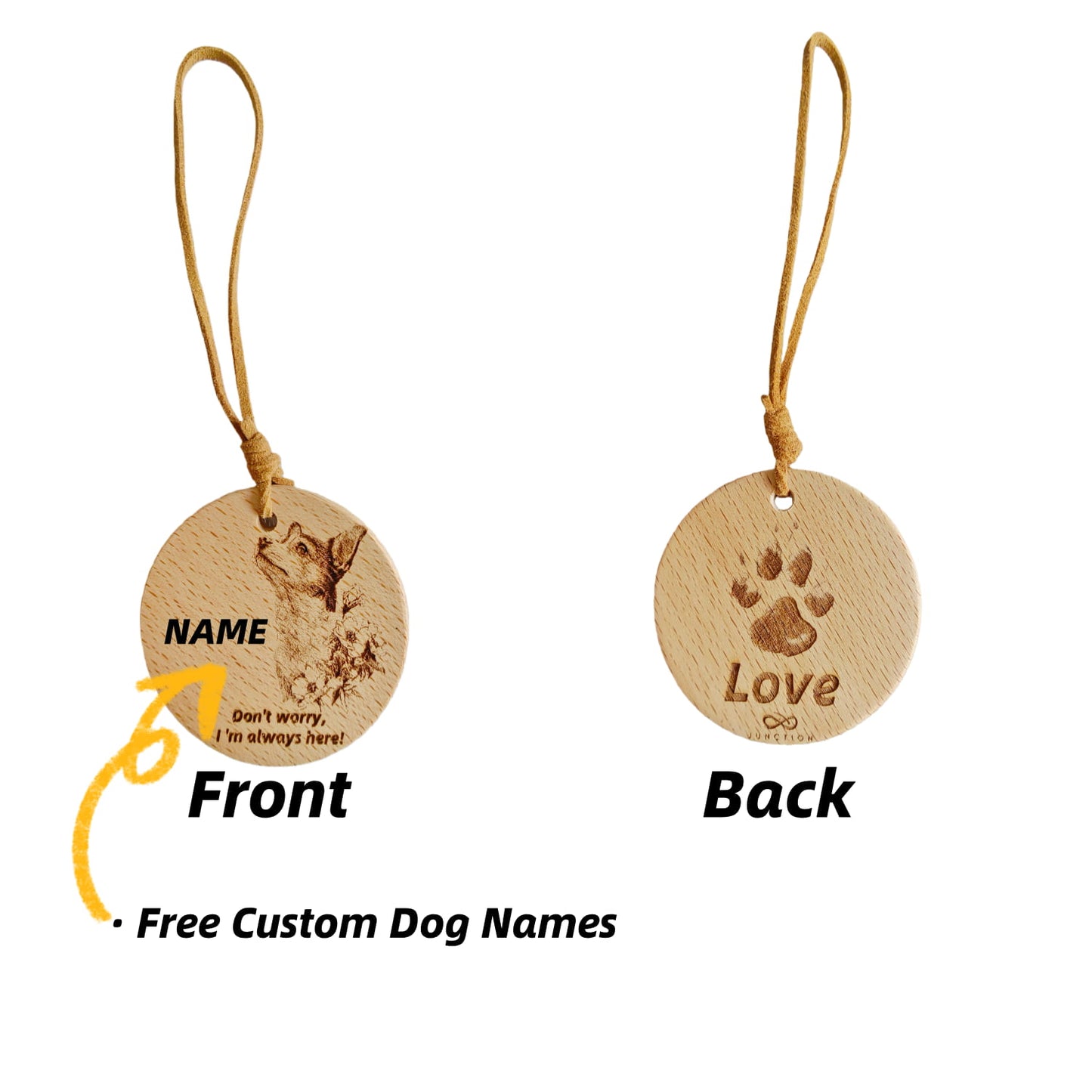 Personalized Chihuahua love wood pendant with custom dog name engraving.