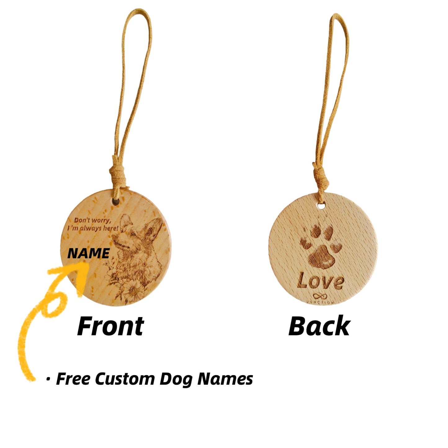  Personalized Corgi love wood pendant with custom dog name engraving.
