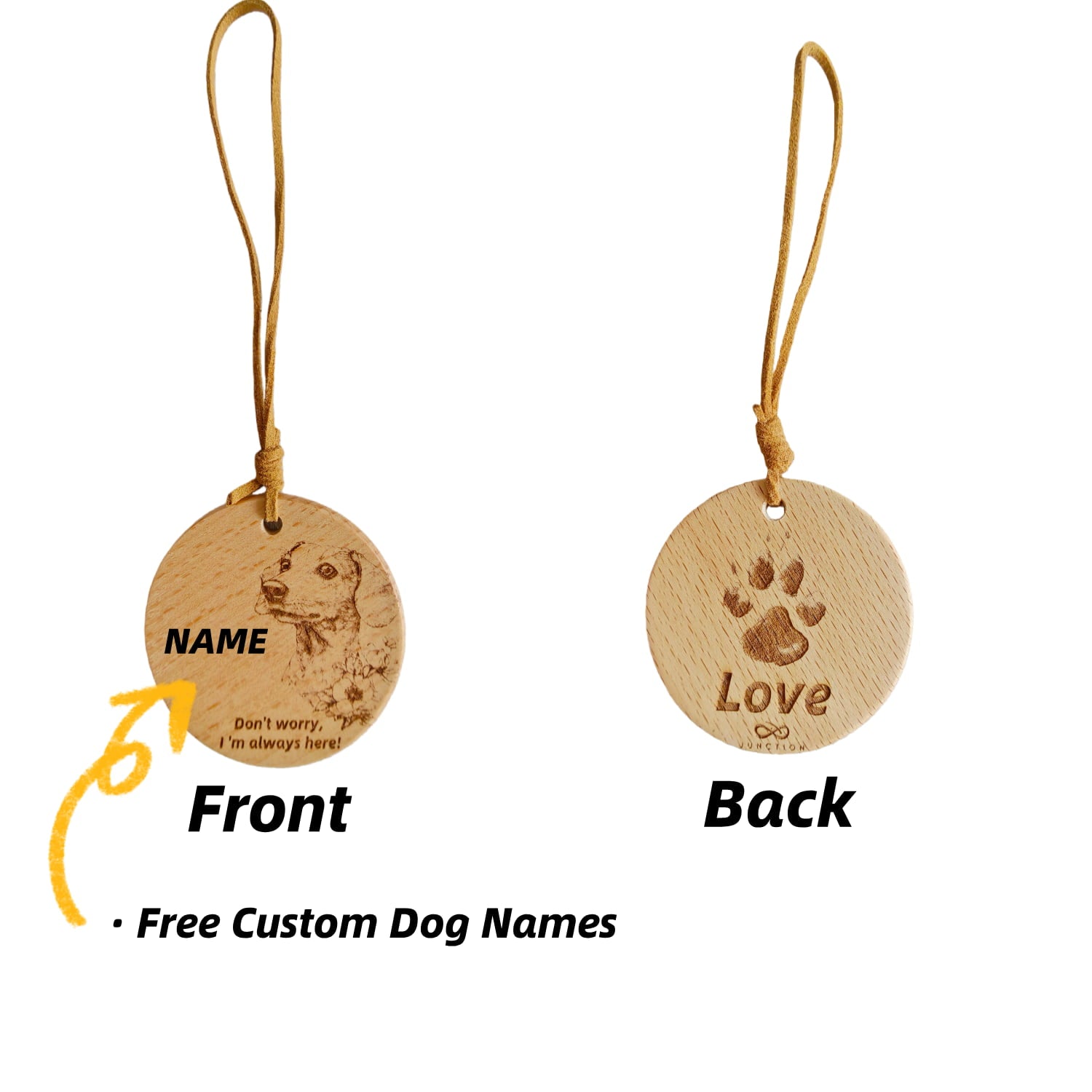 Personalized Dachshund love wood pendant with custom dog name engraving.