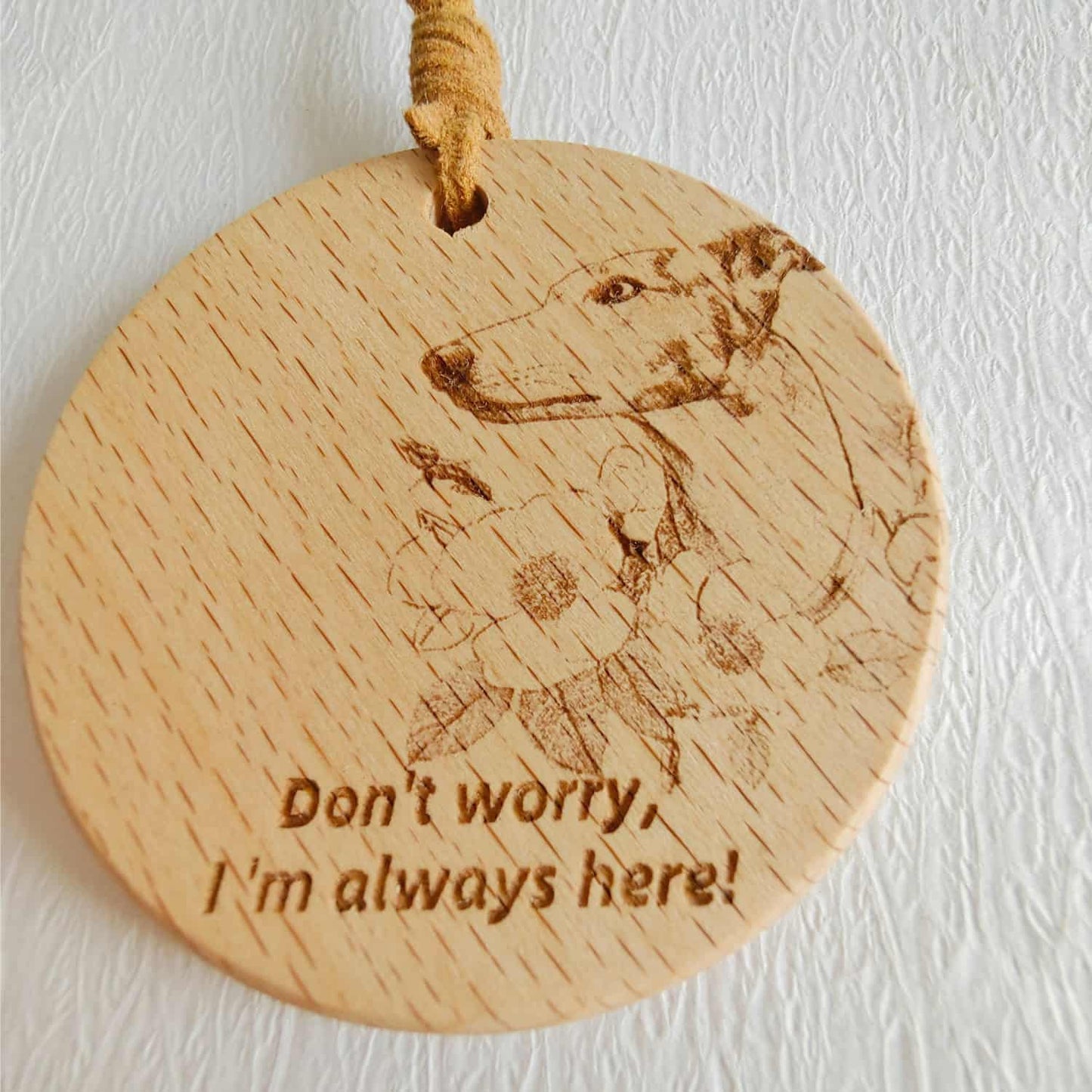 Personalized Greyhound love wood pendant with custom dog name engraving.