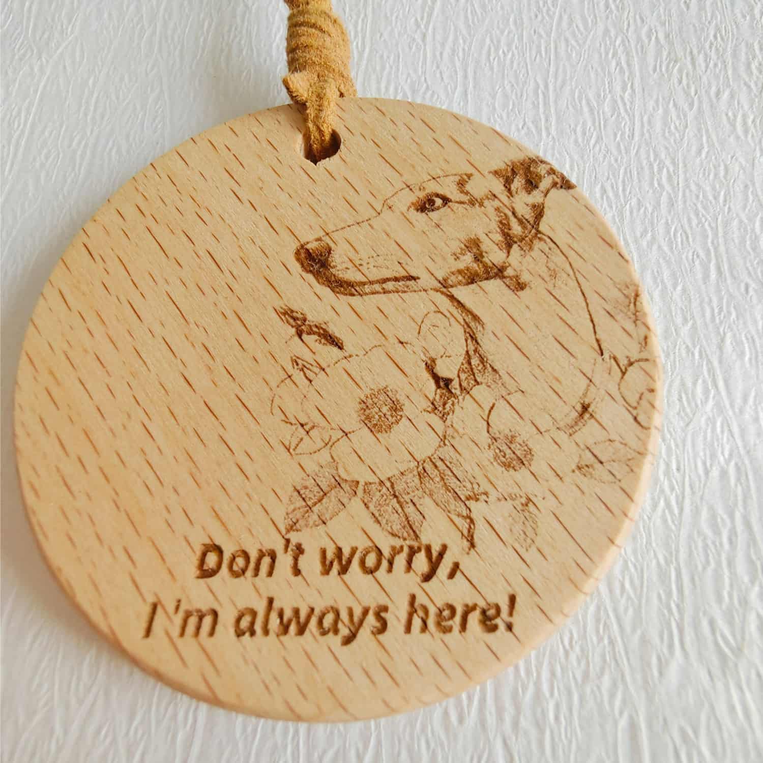 Personalized Greyhound love wood pendant with custom dog name engraving.