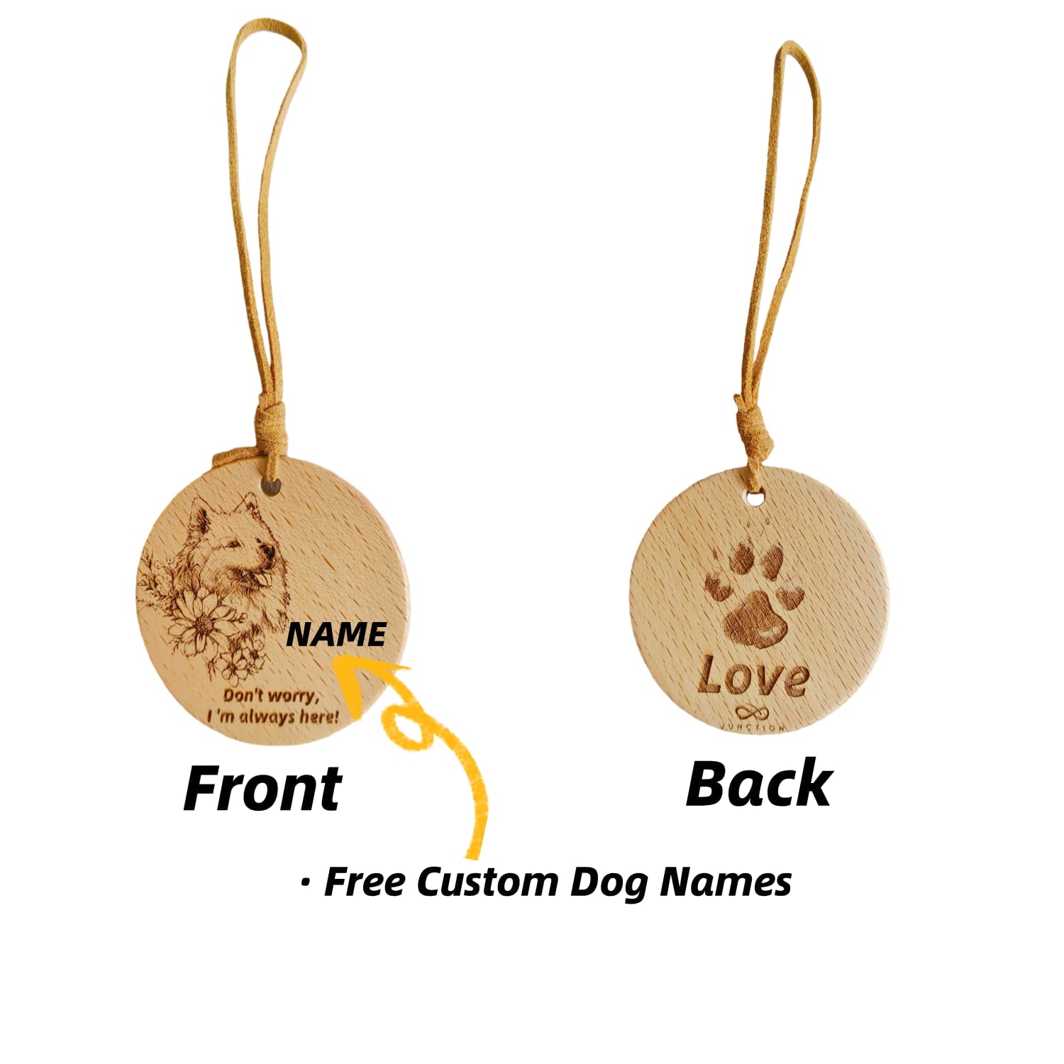  Personalized Samoyed love wood pendant with custom dog name engraving.