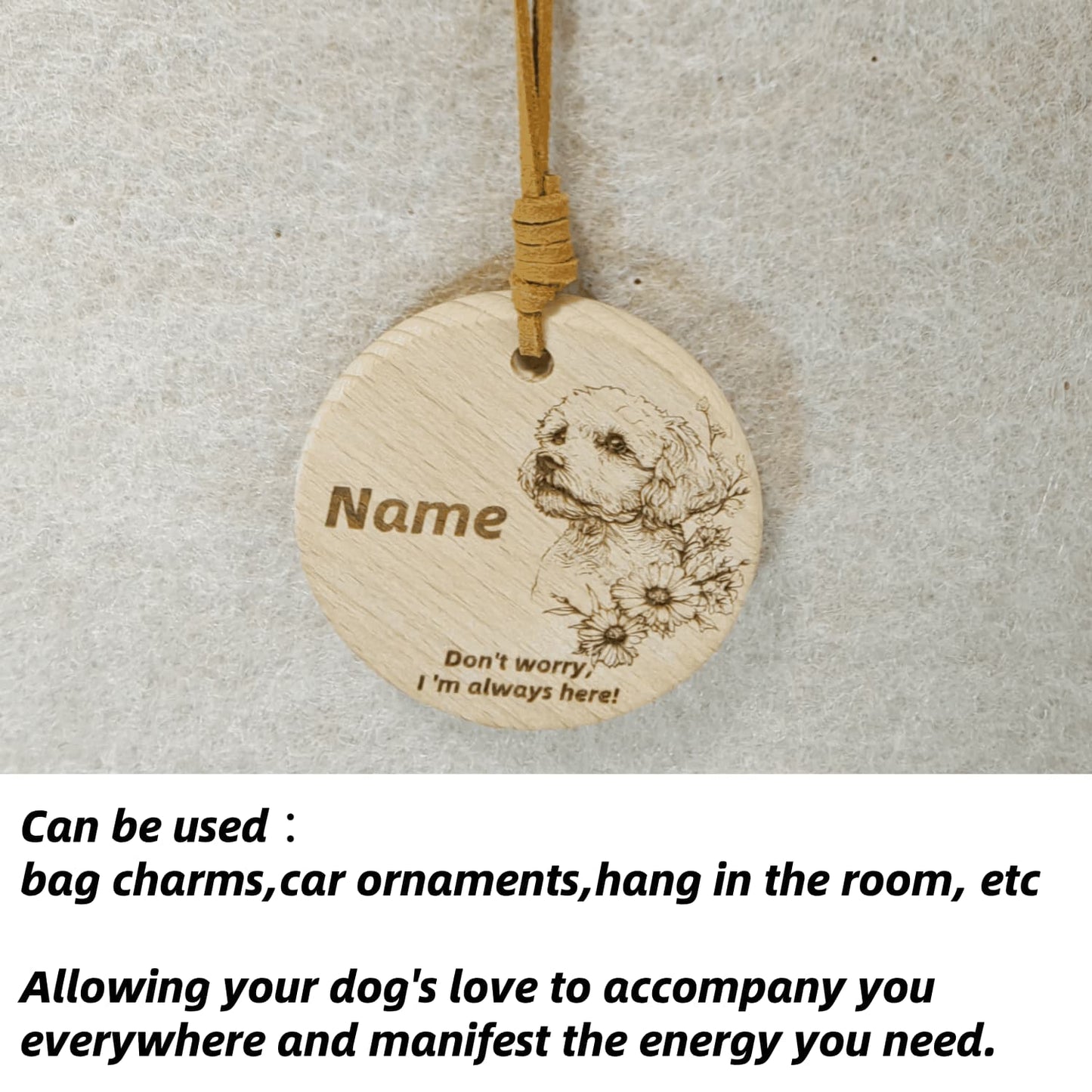 Poodle wooden pendant used as a [car hang/bag charm] in a lifestyle setting.