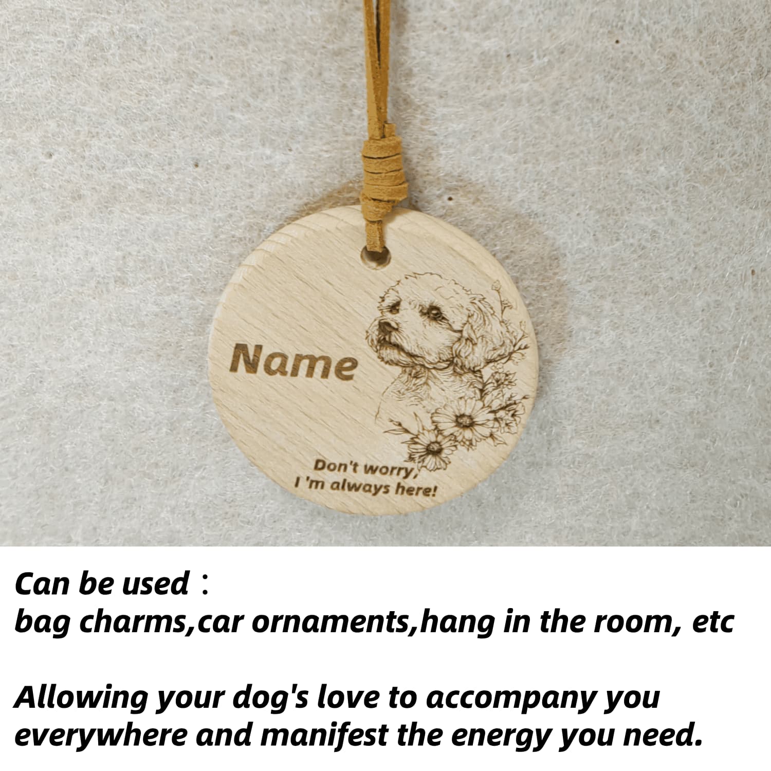 Poodle wooden pendant used as a [car hang/bag charm] in a lifestyle setting.