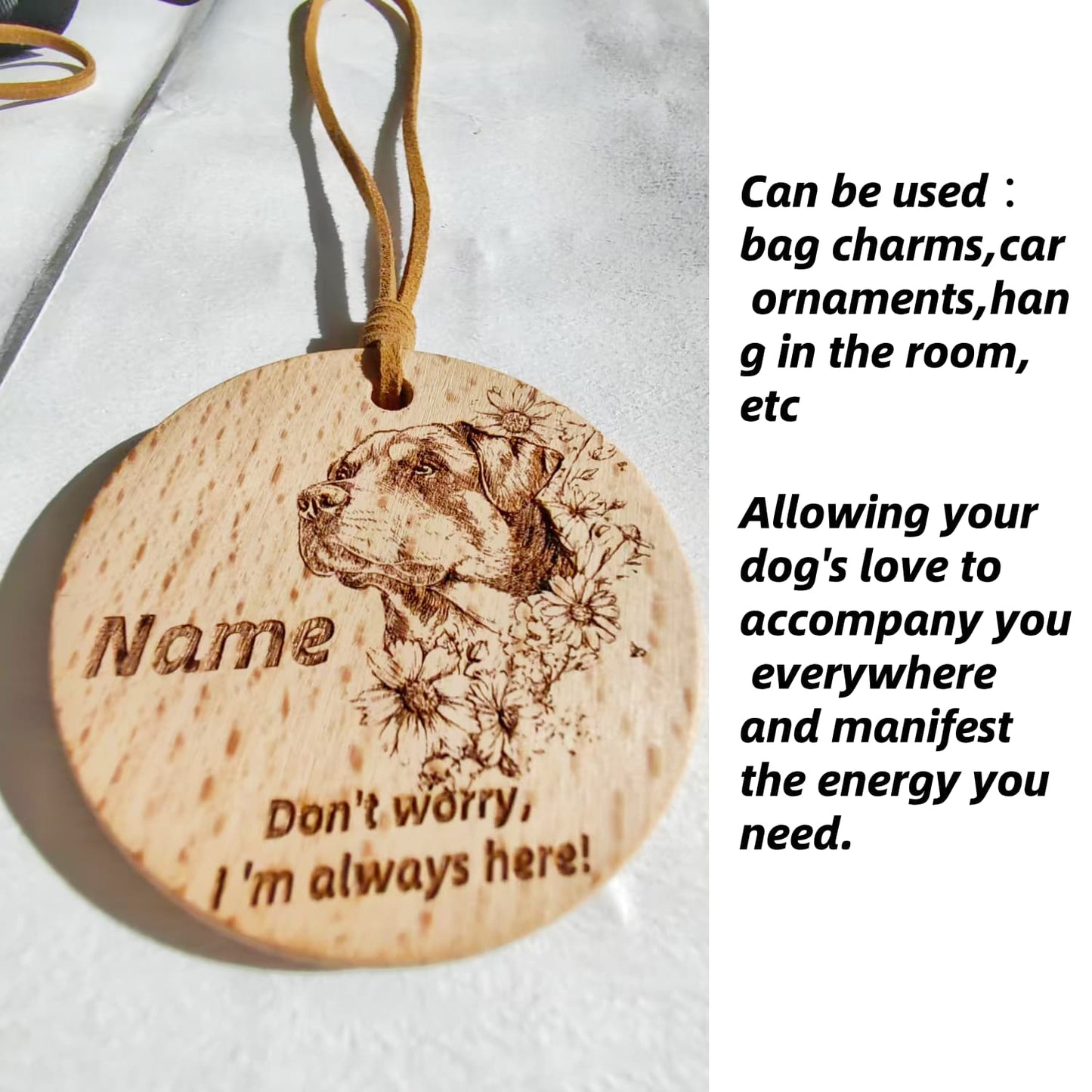 Rottweiler wooden pendant used as a [car hang/bag charm] in a lifestyle setting.