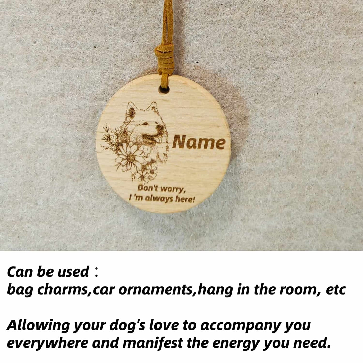 Samoyed love wooden pendant used as a [car hang/bag charm] in a lifestyle setting.