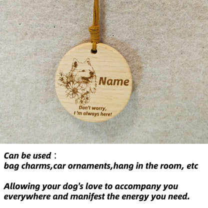 Samoyed love wooden pendant used as a [car hang/bag charm] in a lifestyle setting.