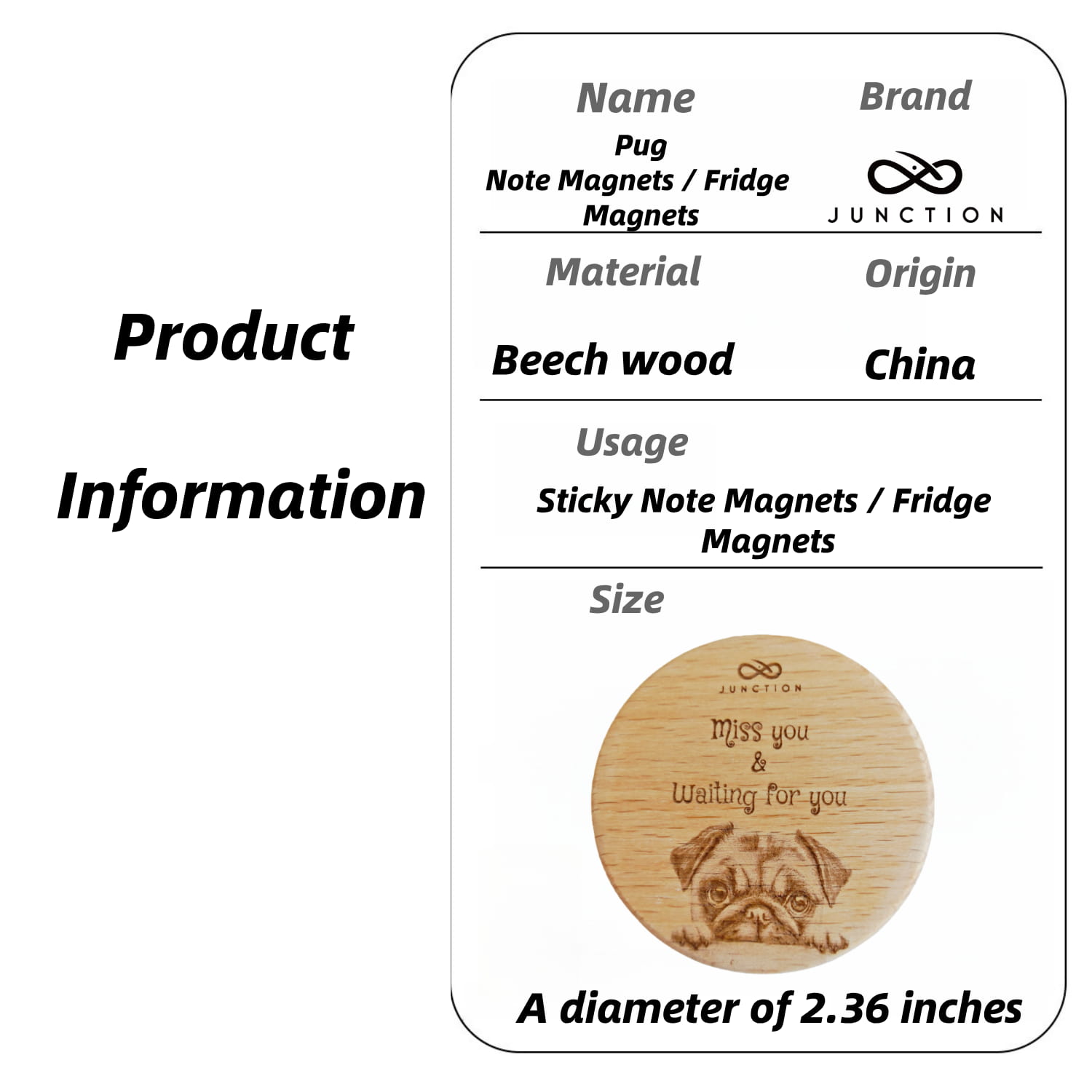 artisanal-beechwood-pet-fridge-magnet-and-memo-holder-eco-conscious-gift-for-pet-owners-"Miss You & Waiting" Pug Puppy 