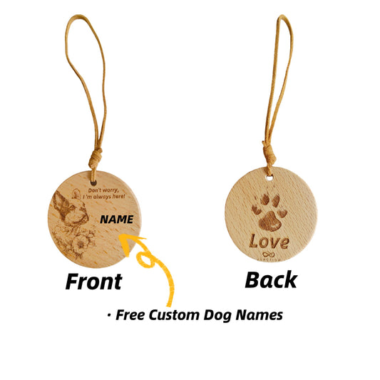 Personalized French Bulldog love wood pendant with custom dog name engraving.