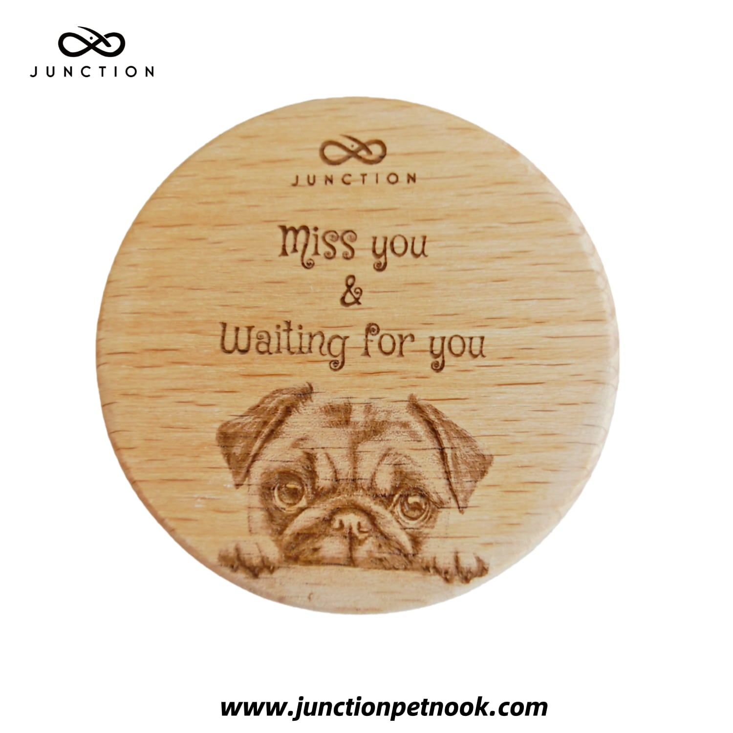 handmade-beechwood-pet-refrigerator-magnet-eco-friendly-note-holder-gift-for-pet-lovers-"Miss You & Waiting" Pug Puppy 