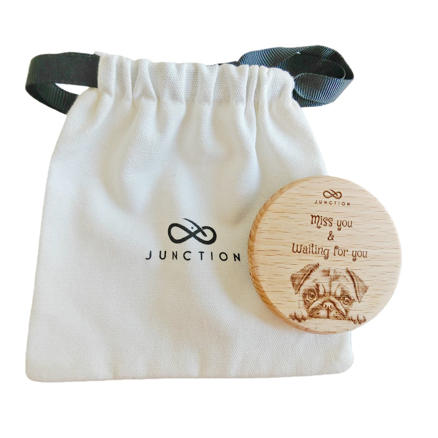 sustainable-pet-accessories-handcrafted-wood-fridge-magnet-eco-memorial-gift-"Miss You & Waiting" Pug Puppy 