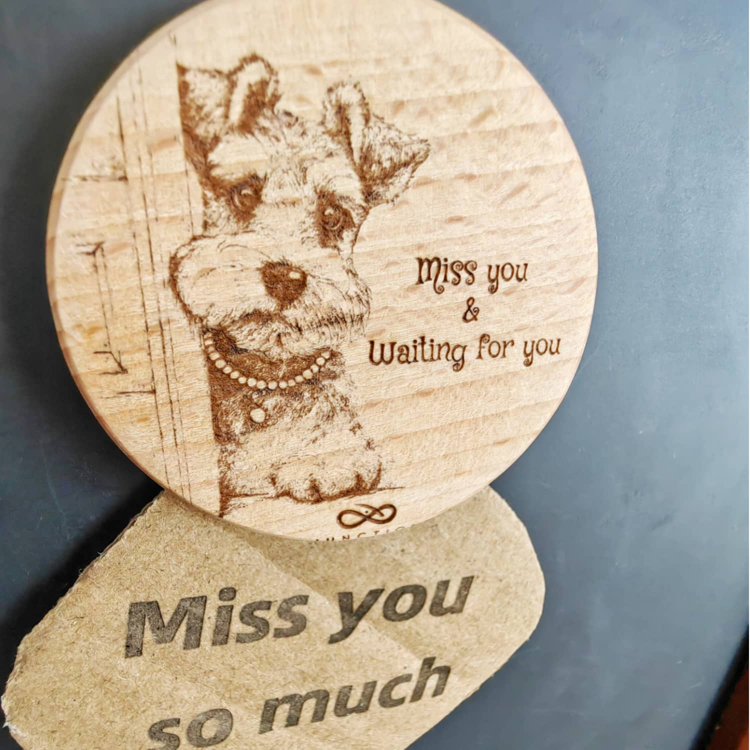 unique-gift-for-pet-parents-natural-wood-grain-magnet-add-joy-to-pet-space-"Miss You & Waiting" Schnauzer